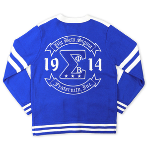 Cardigan en laine Phi Beta Sigma bleu roi et blanc, avec lettres grecques, boutonné, tricoté, vêtement de fraternité, coupe premium - Product Image 3