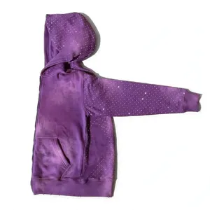Sudadera con capucha azul lavado para hombre, con cremallera completa, mangas con tachuelas, bolsillos delanteros, estilo casual urbano, chaqueta con cremallera. - Product Image 2