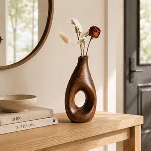 Handmade Modern Wooden Matt Glaze Round Tabletop <b>Vase</b> with Minimalist Design for Floral Display Home Decor - Product Image 5