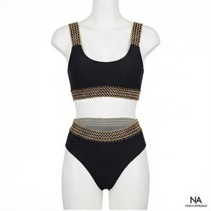 Ensemble bikini 2 pièces noir pour femme NORTH APPROACH avec broderie chaîne dorée, bas taille haute et haut à encolure dégagée - Product Image 1