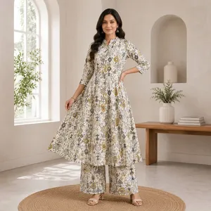 Ensemble Kurta Plazo pour femme en coton blanc cassé imprimé, coupe trapèze, manches trois quarts, col mandarin, motif géométrique, tenue décontractée ethnique - Product Image 5