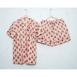 Women's High Quality Spring/Summer Floral Pattern Pajamas Set Short Sleeve Cotton Shirt <b>Pants</b> Comfortable Short Wear Front Logo - Product Image 3