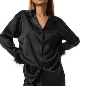 Nouvelle arrivée, élégante tenue de nuit longue pour femmes, pyjama personnalisé en usine avec fourrure noire, pyjama noir - Product Image 5