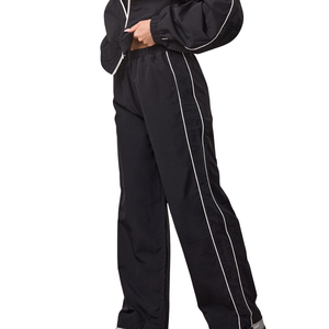 Womens Black Woven <b>Tracksuit</b> Full Zip Jacket and Straight Leg Pants Set Athleisure Fitness Sportswear Outfit - Product Image 5
