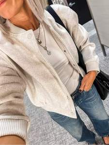 Stylish Beige Varsity <b>Jacket</b> Soft Bomber Coat Casual Baseball <b>Jacket</b> for <b>Lady</b> Fashion Plain Design Button Up Sportswear Women - Product Image 3