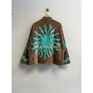 Embroidered <b>Velvet</b> <b>Jacket</b> With Turquoise Geometric Pattern Stand Collar Full Sleeve Autumn <b>Women's</b> Wear - Product Image 5