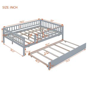 Letto a giorno in legno grigio a grandezza naturale per bambini con letto estraibile e sponde di sicurezza - Product Image 3