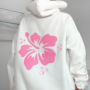 Sudadera con Capucha Extra Grande para Mujer, Color Blanco, con Diseño Floral Rosa en la Espalda, Manga Regular, Tejido de Algodón, Sudadera de Verano - Product Image 1