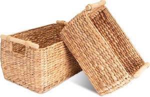 Handmade Modern Bohemian <b>Small</b> Rectangular Storage <b>Basket</b> Woven Wood Trunk Water Hyacinth <b>Handles</b> Multifunctional Home Organiser - Product Image 4
