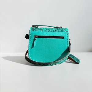 Sac bandoulière en cuir véritable turquoise avec embossage floral et panneau imprimé vache, style bohème, sac à bandoulière pour femme - Product Image 3