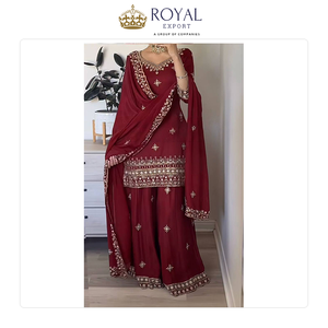 Beautiful Designer Indian Clothing Collection of Natural Crepe <b>Material</b> with 5mm Sequence Embroidery Work Sharara Suit for Sale - Product Image 3