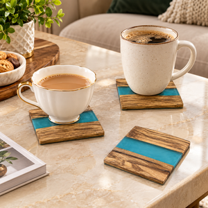 Decorative Mango Wood <b>Epoxy</b> Resin Coaster Set Square Drink Coasters for Hot Cold Cups Mugs Dining Table Home Office Decors Gifts - Product Image 4