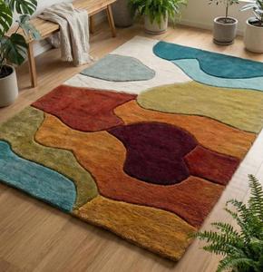 Tapis de luxe moderne abstrait multicolore en laine tuftée à la main, antidérapant, à poils moyens de 10-14 mm, avec support en toile de coton, doux - Product Image 1