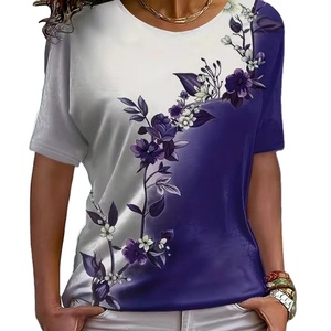 Camiseta de Punto Casual para Mujer, 100% Algodón con Spandex, Manga Corta, Lavado Biológico, Cintura Natural, Botones de Encaje, Estampado Jersey, de Fábrica - Product Image 3