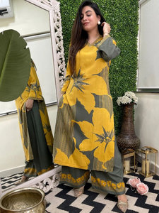 <b>Women</b> Yellow Floral Printed Silk Blend <b>Kurta</b> Palazzo Set Regular Fit Knee-Length Traditional Indian Pakistani Casual Wear - Product Image 1