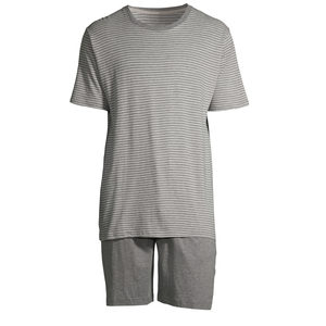Conjunto de camiseta y pantalones cortos a rayas grises para hombre, cuello redondo, tejido, informal, transpirable, para verano - Product Image 4