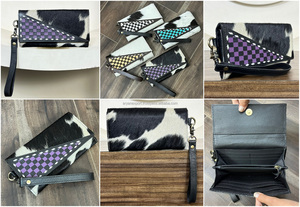 Cartera de Mano de Cuero Vacuno con Diseño a Cuadros Morado y Negro, Estilo Occidental, Hecha a Mano, con Tarjetero y Correa para la Muñeca, Modelo 2025 - Product Image 3