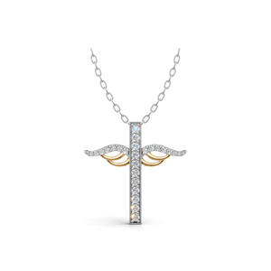 Collier pendentif croix religieuse en or 18 carats avec diamant de laboratoire, design aile de ruban bicolore, bijoux fins pour femme - Product Image 1