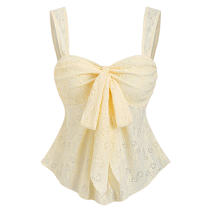 Women <b>Yellow</b> Lace Cami <b>Top</b> Bow Front Wide Straps Sleeveless Peplum Blouse Y2K Logo Elegant Summer Casual Party Wear Fitted - Product Image 1