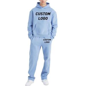 Ensemble de survêtement personnalisé avec logo, bleu clair, sweat à capuche et pantalon long, unisexe, décontracté, pour l'automne, 100% coton, impression en relief - Product Image 1