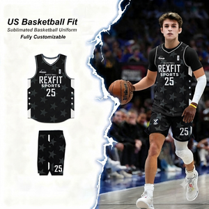 Ensemble d'uniformes de basketball personnalisés sublimés pour hommes – Maillot et short noirs à étoiles, respirants, pour entraînement d'équipe, vêtements de sport, ensemble de basketball OEM - Product Image 1