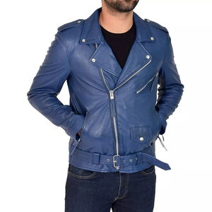 Veste en cuir de vachette bleue pour homme, coupe ajustée, fermeture éclair, col rabattu, streetwear d'automne - Product Image 1