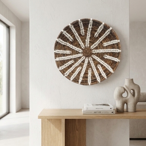 Natural Banana Bark <b>Macrame</b> Wall Basket Natural Color Starburst Radial Sun Shallow Tray Pure <b>Art</b> Setup Room Decor Boho Removable - Product Image 4