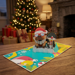 Carte de vœux pop-up de Noël du Vietnam, Hanoï, artisanat en papier fait main, design personnalisé chien et chat par Viet-craft - Product Image 5