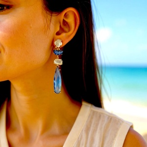 ต่างหูห้อยทรงหยดน้ำสีฟ้าแซฟไฟร์  ยาวประดับเงินแท้ 925 ชุบทอง 14K ของขวัญประจำเดือนเกิดเดือนกันยายนสำหรับผู้หญิง - Product Image 4