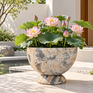 Macetero grande de fibra de vidrio personalizado con efecto mármol, diseño clásico de cuenco y pedestal para decoración de jardín exterior de lujo - Product Image 2