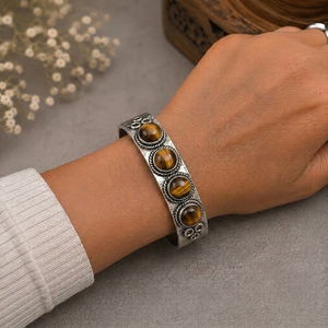 Bronze Horizon Natural Tiger Eye Turquoise Statement <b>Cuff</b> Bangle Gold & <b>Silver</b> Plated Brass Unisex Jewelry - Product Image 2