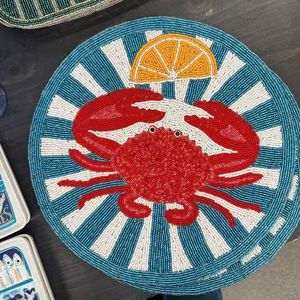 Handmade Durable Round Modern <b>Crab</b> Beaded Coaster with Coastal Ocean Embroidery for Table Decor and Mug Use - Product Image 1