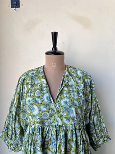 Bohemian Floral Block Print Cotton Midi <b>Dress</b> Vintage Puff Sleeve <b>Loose</b> Fit Tie Neck Summer <b>Dress</b> For Women - Product Image 3
