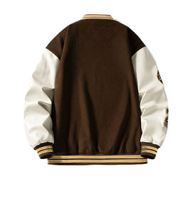 Brown <b>White</b> Embroidered PU Breathable Varsity <b>Jacket</b> <b>Men</b> Stand Collar Regular Fit Button Front Custom Logo Winter Outerwear - Product Image 2