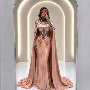 Luxury <b>Blush</b> Pink Embellished Satin Evening Gown with Cape Sleeves Crystal Beaded Designer Mermaid Dress for Women Formal - Product Image 1