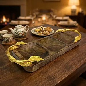 Wooden 3 Section Serving <b>Tray</b> with Golden Leaf Handles Decorative Snack Dry Fruit Tea Coffee Serving Platter for Home & <b>Kitchen</b> - Product Image 3