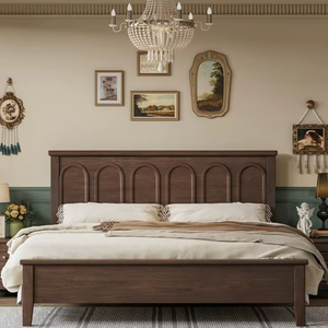 Cama Moderna y Sencilla de Madera Maciza Color Nogal, Cama Matrimonial Grande con Almacenamiento para Recámara Principal - Product Image 1