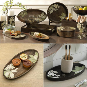 Bol ovale en bois de manguier de qualité supérieure avec imprimé floral en émail-Bol de service en bois artisanal pour la cuisine et les repas - Product Image 4