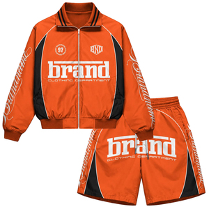 2026 Custom Logo Brand Men's Orange Windbreaker Shorts Set Woven Satin Breathable Casual Sporty Zipper Outerwear Spring Wear - Product Image 1