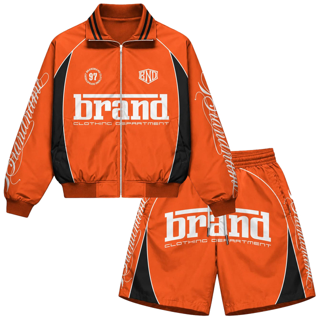 2026 Custom Logo Brand Men's Orange Windbreaker Shorts Set Woven Satin Breathable Casual Sporty Zipper Outerwear Spring Wear