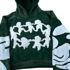 Felpa Oversize alla Moda con Stampa Mimetica Verde e Figure Bianche sul Logo Frontale, Unisex, Casual, per l'Autunno, in Spugna Francese di Cotone Lavorato a Maglia - Product Image 6