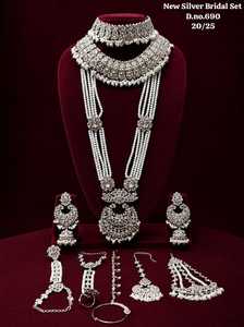 New Silver Bridal Jewelry <b>Set</b> With Green Beads And Crystal Floral Design For Wedding Women Choker Necklace Earrings Maang Tikka - Product Image 2
