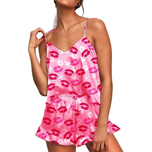 Pijama de satén rosa con estampado de labios para mujer, cuello en V, sin mangas, corto, sexy, suave, con cintura elástica, para verano - Product Image 1