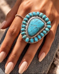 American Turquoise Cluster Statement <b>Ring</b> Western Boho Flower Design Southwestern Jewelry for Women Gift - Product Image 6
