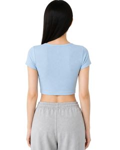 เสื้อครอปแขนสั้นทรงเข้ารูปสีฟ้าอ่อนสำหรับผู้หญิง ผ้าคอตตอนผสมสแปนเด็กซ์ ยืดได้ สวมใส่สบาย เหมาะสำหรับฤดูร้อน มีกระดุม - Product Image 2