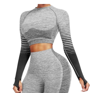 Women Solid Breathable Seamless 2Pcs Yoga Set Thumb Hole <b>Long</b> <b>Sleeve</b> Crop <b>Top</b> High Waist Leggings Gym <b>Workout</b> Sports Outfit - Product Image 5