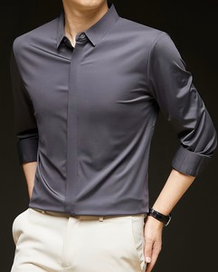 Camisa de Vestir Satinada para Hombre, Corte Entallado, Manga Larga, Cuello Clásico, Color Sólido, Antiarrugas, Estilo Casual Elegante - Product Image 1