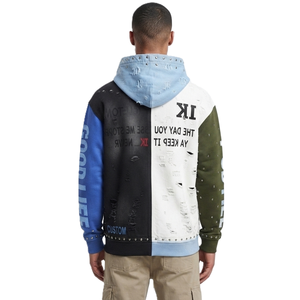Custom Distressed Patchwork Graphic Hoodies Color Block Full <b>Zip</b> Up Hoodie Metal Studded Vintage Printed Heavy <b>Hooded</b> Jacket OEM - Product Image 3
