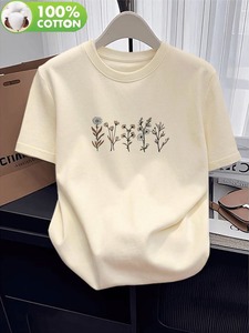เสื้อยืดคอกลมพิมพ์ลายดอกไม้สีครีมคุณภาพสูงสำหรับผู้หญิง ผ้าฝ้าย 100% ทรงปกติ สวมใส่สบายๆ สำหรับฤดูใบไม้ผลิและฤดูร้อน แขนสั้น ผ้าเจอร์ซีย์ถัก - Product Image 1