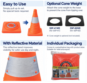 Cône de signalisation réfléchissant pliable JEFCOM 410mm 620mm, cône de sécurité portable et pliable en polypropylène et polyester Oxford, adhésif - Product Image 2